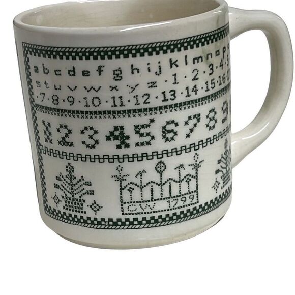 Vintage White Green Sampler Mug USA Crafter Needlepoint Cross Stitch Coffee Mug - Picture 5 of 8